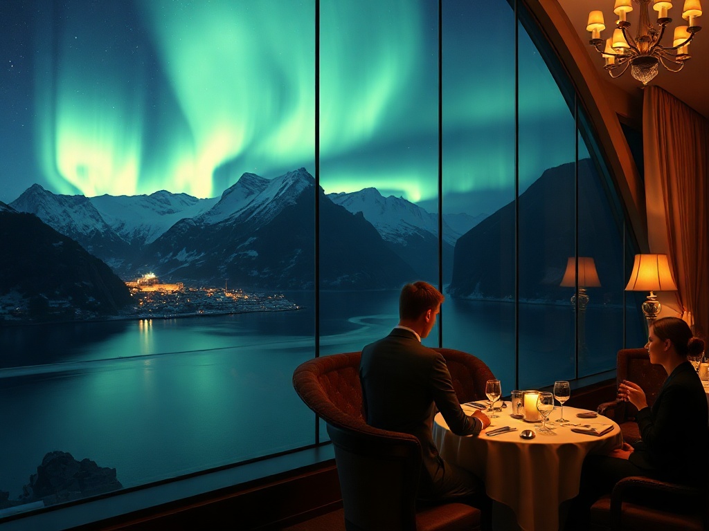 Panoramic fjord hotel at night, Northern Lights over snow peaks, elegant couple near window suite, warm spa steam, subtle casino glow, refined dining table, no people holding cards.