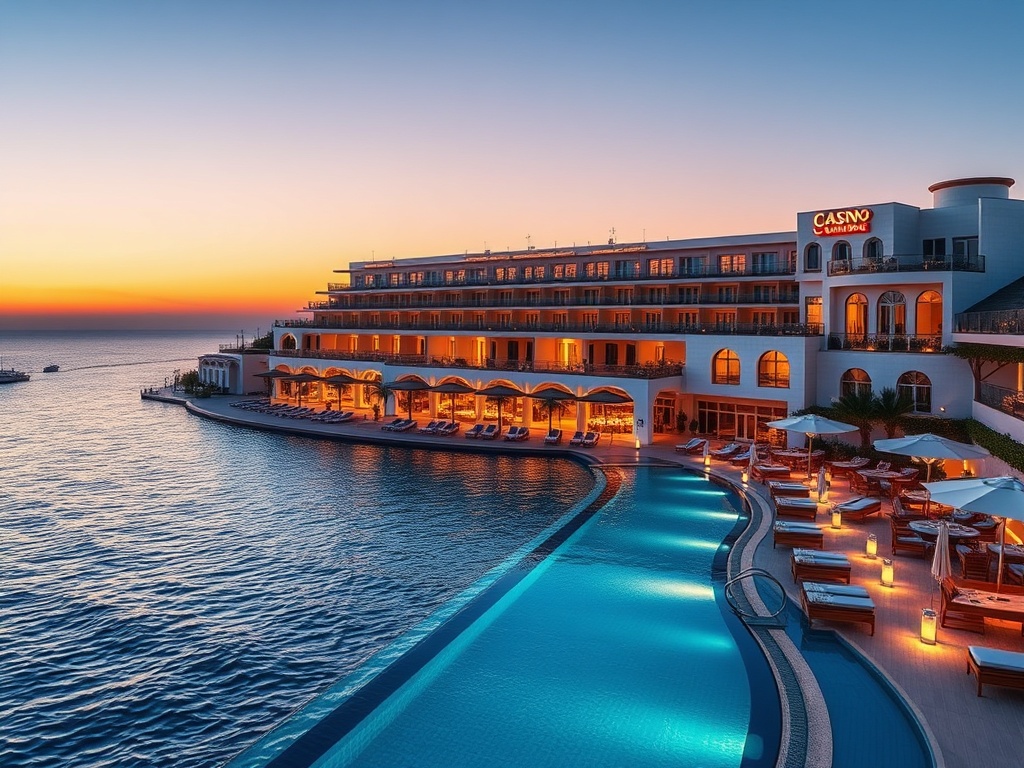"Aegean luxury casino resort facade at sunset, infinity pool spills into blue sea, glass-walled suites, premium gaming lounge glow, mediterranean dining al fresco, spa terrace, island nightlife silhouettes."