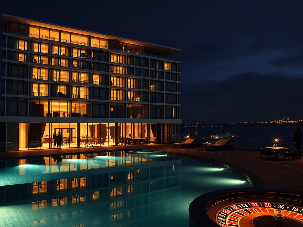 Nighttime Oslo harbor casino hotel, minimalist Scandinavian facade, floor-to-ceiling windows, warm glow, infinity pool silhouette, elegant lounge, roulette-like lights.