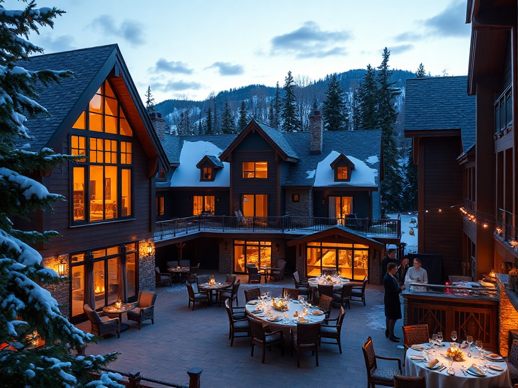 "luxury Canadian mountain-lodge resort courtyard at dusk" "glowing fireside lounge" "panoramic premium suite windows" "spa steam and robes silhouette" "elegant dining table with seasonal cuisine" "modern event hall with soft lights" "adult-only casino lou