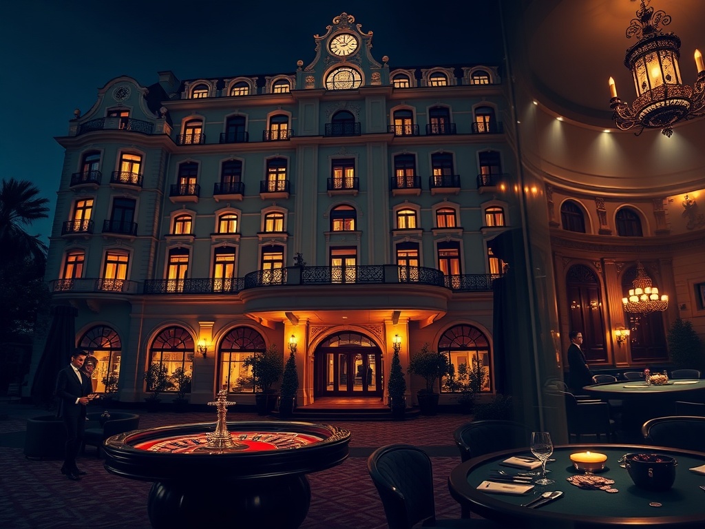 "Opulent Warsaw-inspired palace hotel exterior at night" "glowing elegant suites windows" "luxury casino lounge interior" "roulette table, blackjack ambiance, poker chips" "fine dining table" "spa steam and massage glow" "couples in velvet evening attire"