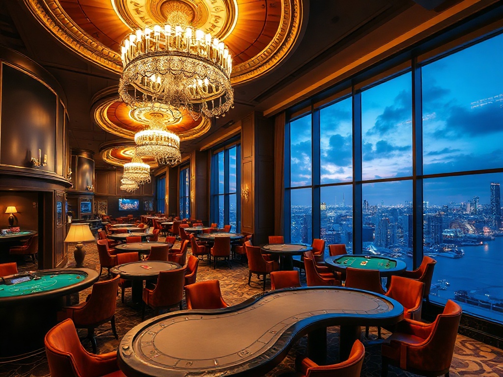 "luxury casino hotel interior with gold accents, grand chandeliers, elegant gaming tables, velvet seating, warm ambient lighting, panoramic city night view, spa steam ambiance"