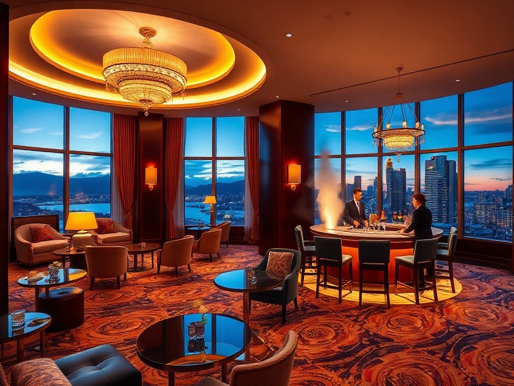 A modern Canadian casino hotel lobby vista with elegant suites, glowing bar, spa steam, live stage lights, sleek website-style booking buttons icons, dusk skyline.