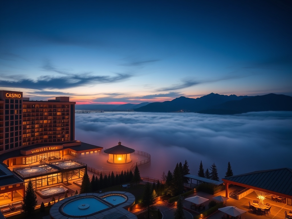 "Luxury Canadian casino hotel at dusk, panoramic lakefront with illuminated modern suites, elegant spa terrace mist, refined lounge lights, distant mountains, cinematic lighting."