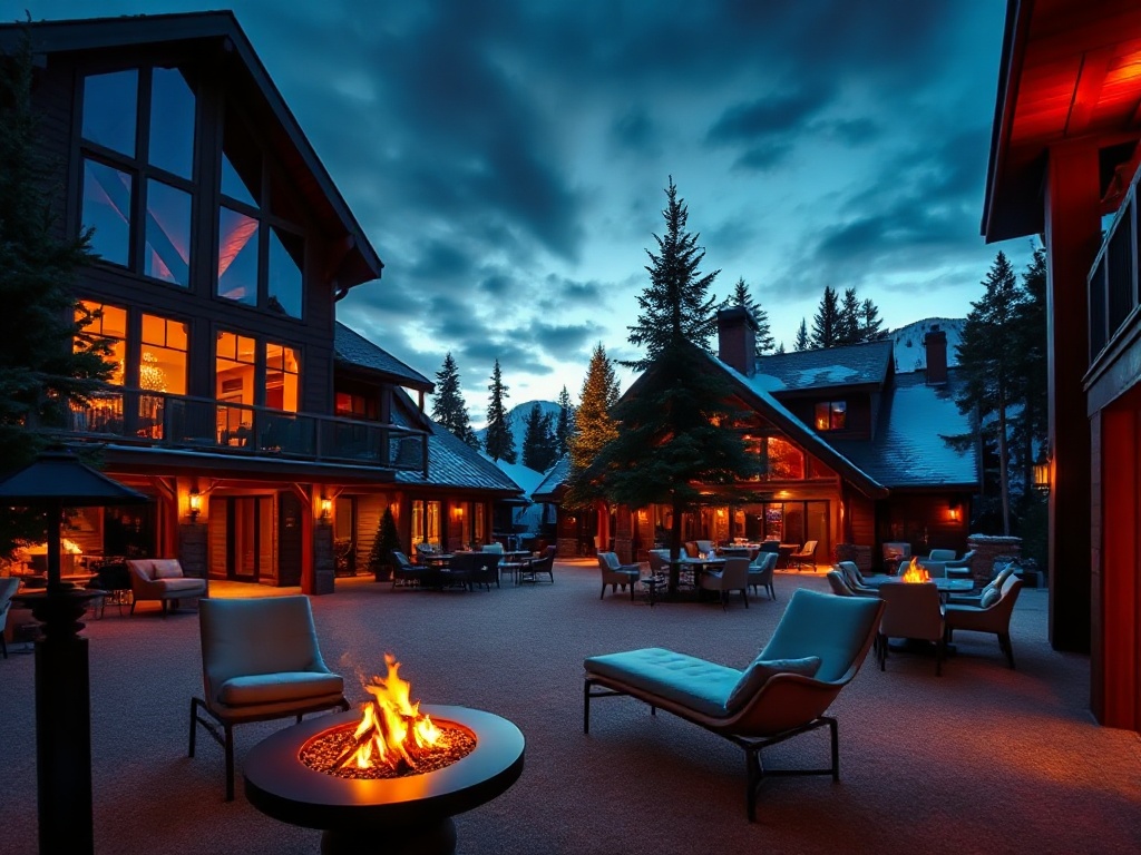 "luxury Canadian mountain-lodge resort courtyard at dusk" "glowing fireside lounge" "panoramic premium suite windows" "spa steam and robes silhouette" "elegant dining table with seasonal cuisine" "modern event hall with soft lights" "adult-only casino lou