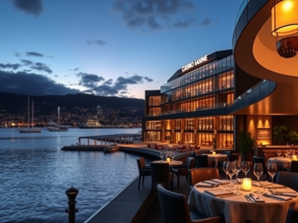 Oslo harborfront casino hotel at dusk, sleek Scandinavian glass facade, lit gaming lounge glow, gourmet dining table, skyline." "You MUST not include ANY brand images or logos. You may ONLY reply with the format given. If you do NOT do so, you WILL be pun