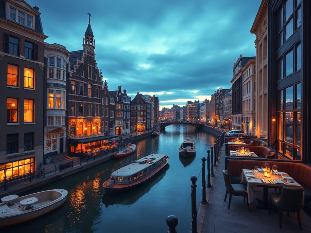 "Amsterdam luxury hotel header scene" "golden canal view" "elegant suite window light" "glamorous casino lounge glow" "fine dining tables" "nighttime ambiance"
