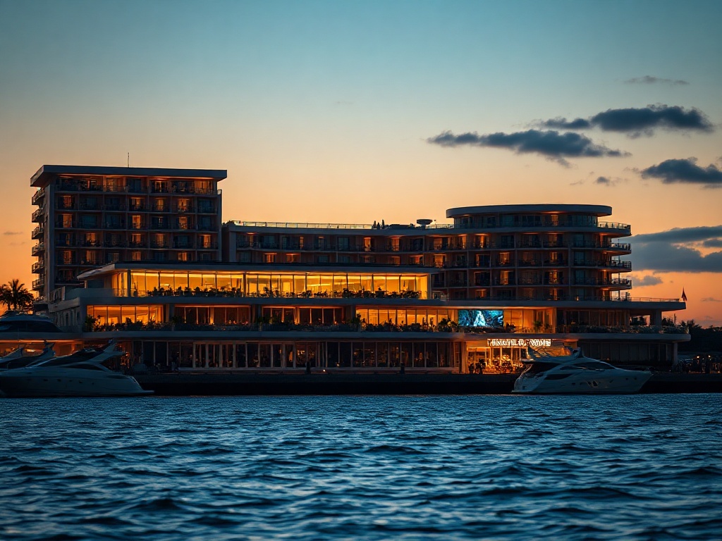 "Oceanfront luxury casino hotel at dusk in Australia, rooftop dining lights, elegant suites balconies, glowing gaming lounge windows, calm waves, sophisticated nightlife ambience"