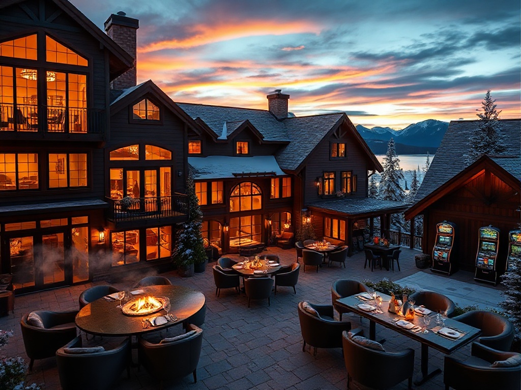"luxury Canadian mountain-lodge resort courtyard at dusk" "glowing fireside lounge" "panoramic premium suite windows" "spa steam and robes silhouette" "elegant dining table with seasonal cuisine" "modern event hall with soft lights" "adult-only casino lou