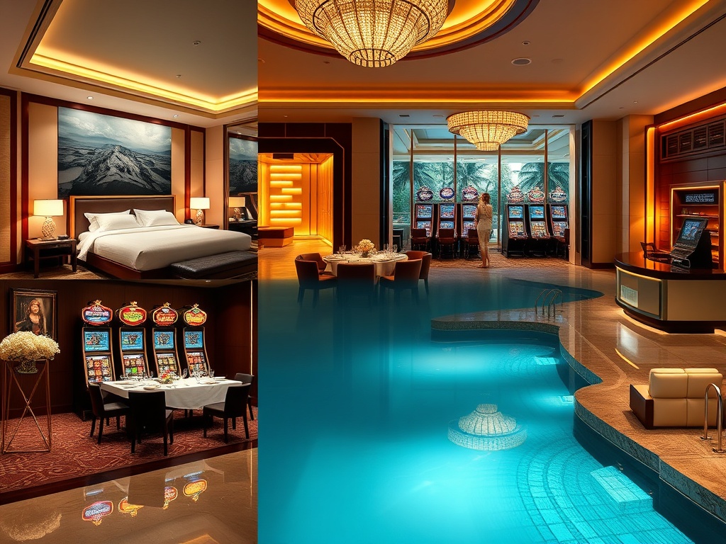 "A luxury casino hotel lobby montage