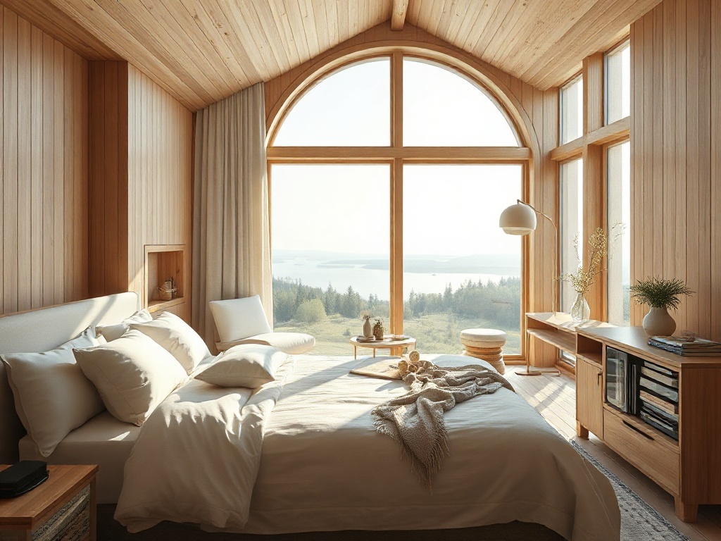 “A sunlit Nordic hotel room in Finland, pale wood, linen bedding, panoramic lake view, soft ambient lights, minimalist luxury, calm atmosphere”