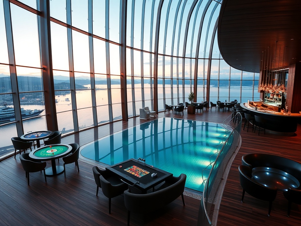 "luxury Oslo harbor casino hotel interior" "panoramic floor-to-ceiling windows" "minimal Scandinavian wood and glass" "glowing gaming tables" "soft spa steam" "infinity pool reflection" "Nordic cocktail bar"