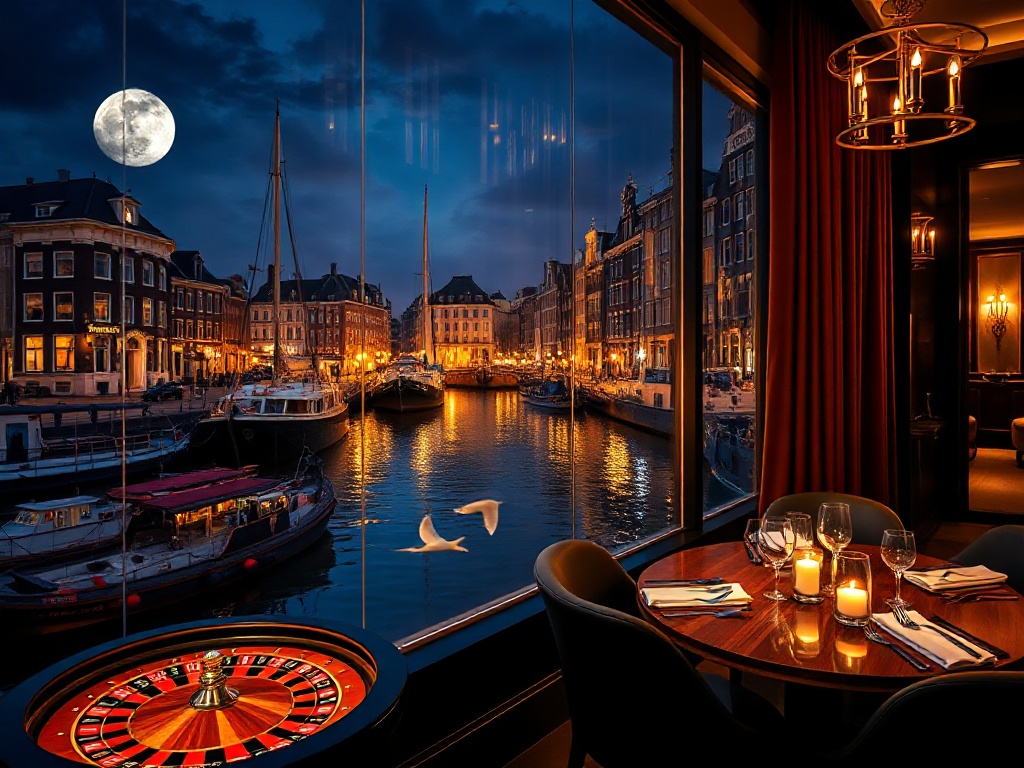“moonlit Amsterdam canal beside a luxury hotel suite window,” “gold-lit casino lounge with roulette tables,” “serene spa steam room,” “elegant candlelit fine-dining table” “contemporary Dutch design, cinematic luxury atmosphere.”