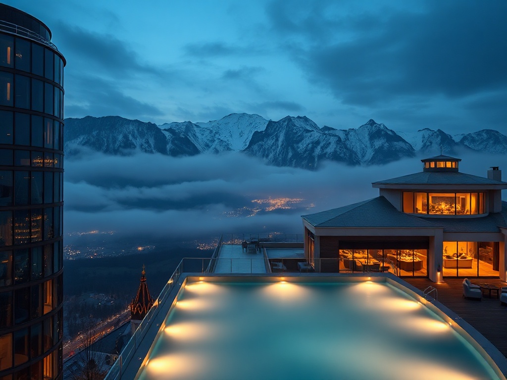 "nighttime skyline and snowy Tatra peaks" "sleek modern hotel facade with panoramic glass" "glowing casino interior windows" "rooftop infinity pool with misty reflections" "luxury lounge lighting"