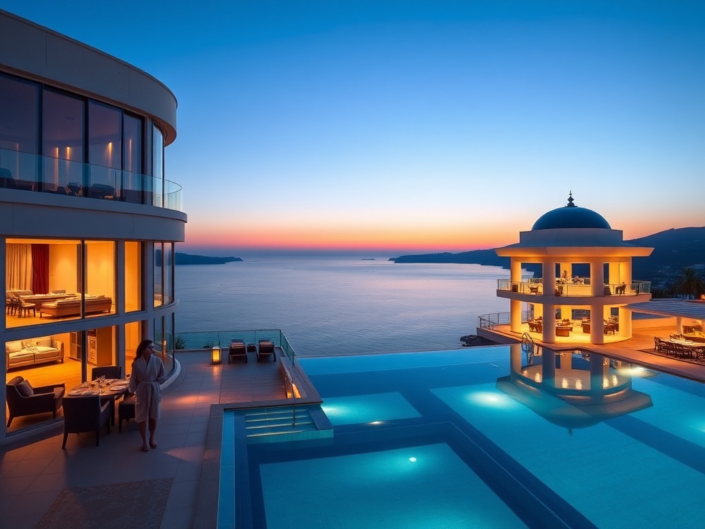 "Luxurious Aegean casino hotel at dusk, sweeping sea views through floor-to-ceiling windows, private infinity pool terraces, elegant gaming lounge silhouettes, couple in spa robes, olive oil spa, rooftop bar glow, Greek-Mrench dining silhouettes."
