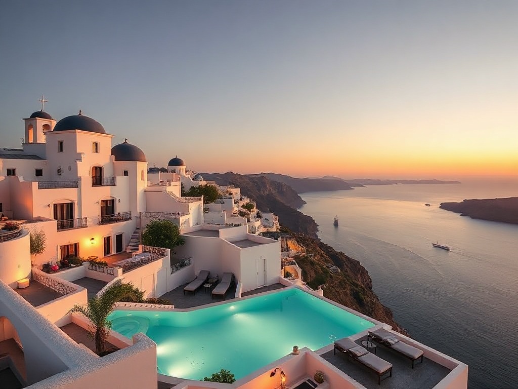 Sunlit Santorini cliff hotel; “whitewashed” suites with “private sea-view balconies”; sleek casino lounge glow; “spa steam” and sunset dining by the coast.