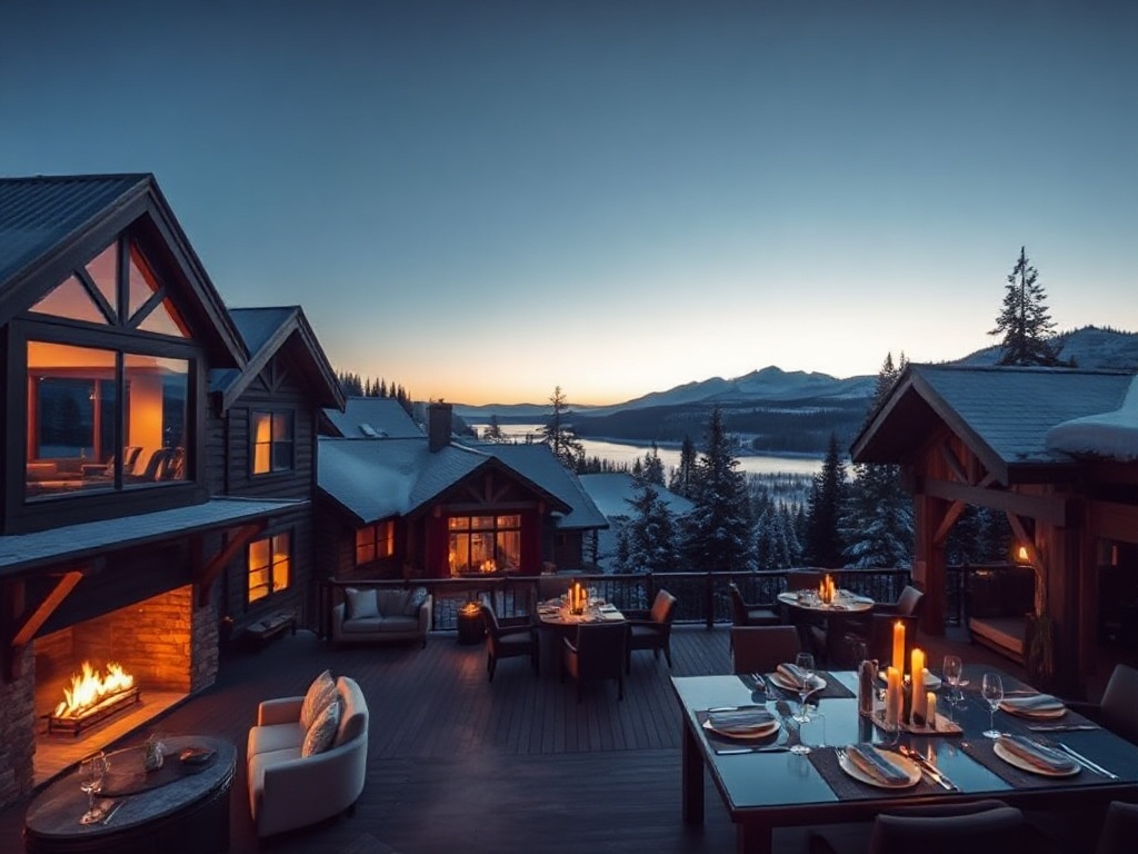 "luxury Canadian mountain-lodge resort courtyard at dusk" "glowing fireside lounge" "panoramic premium suite windows" "spa steam and robes silhouette" "elegant dining table with seasonal cuisine" "modern event hall with soft lights" "adult-only casino lou
