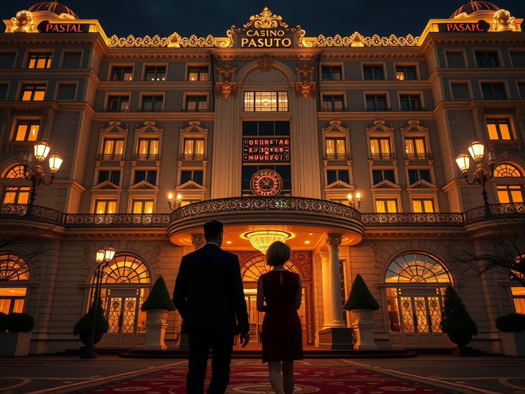 "opulent luxury casino hotel exterior in Warsaw, grand royal palace façade, glowing windows, elegant lights, night atmosphere, subtle roulette-themed decor" "foreground couple silhouettes walking toward entrance" "cinematic, ultra-realistic, high detail,