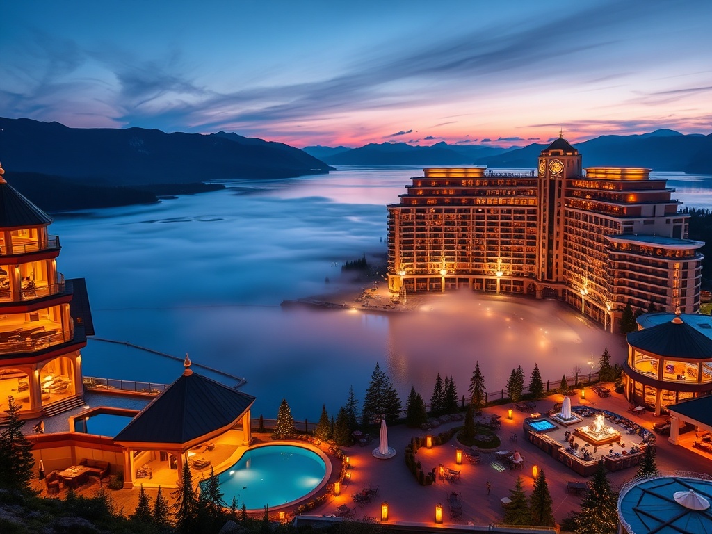 "Luxury Canadian casino hotel at dusk, panoramic lakefront with illuminated modern suites, elegant spa terrace mist, refined lounge lights, distant mountains, cinematic lighting."