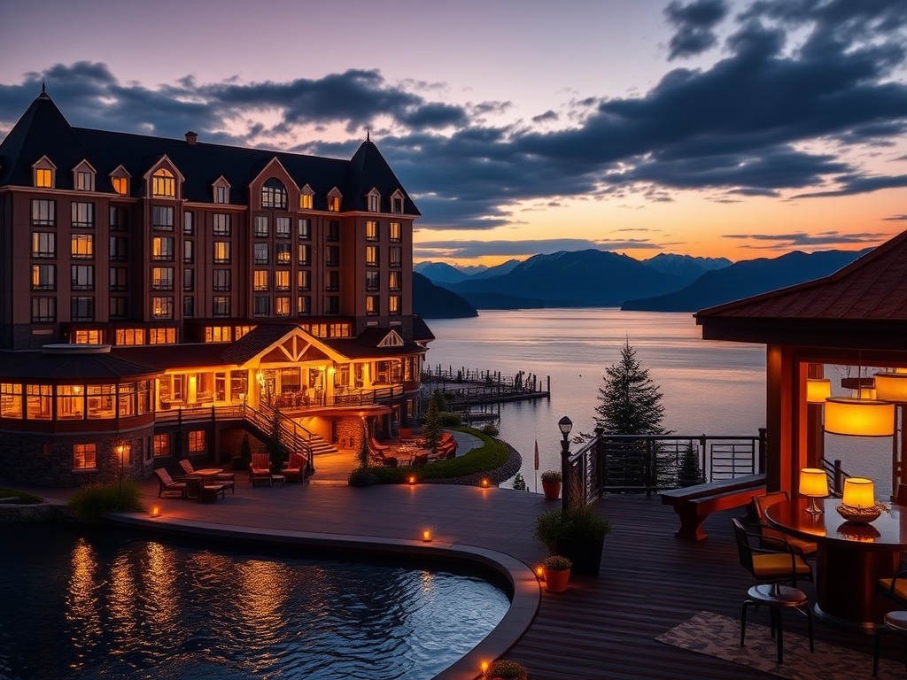 "Luxe Canadian casino hotel at dusk" "lakefront terrace with warm lights" "spa steam and massage room glow" "elegant gaming lounge" "mountain silhouettes"