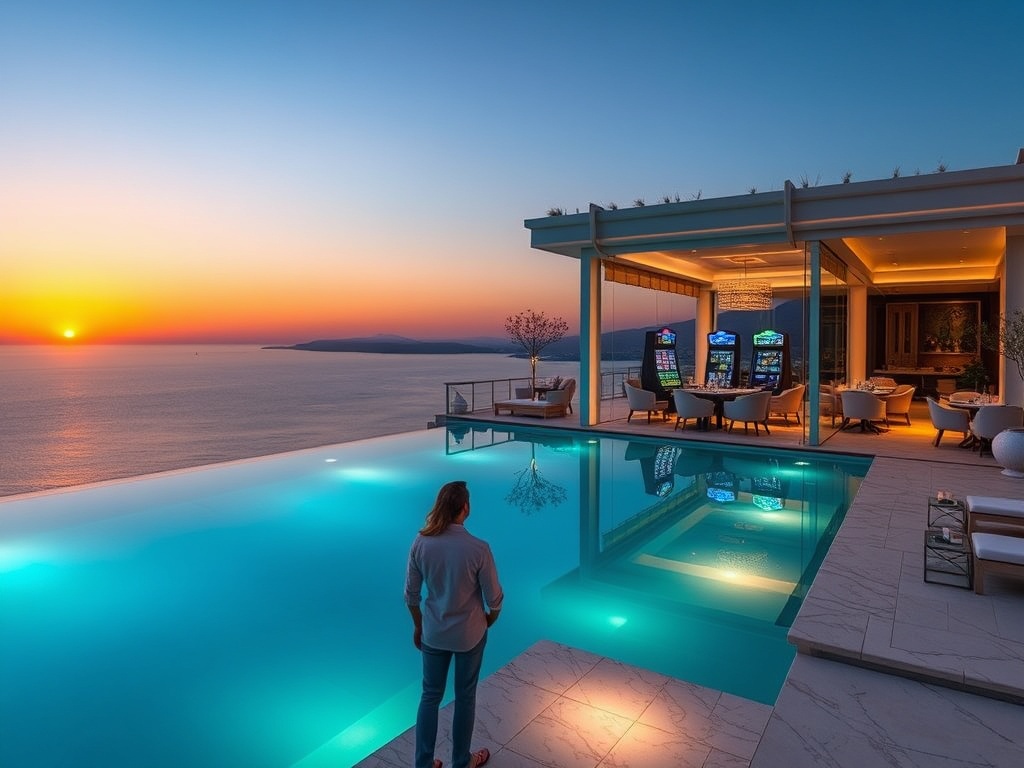 "Aegean luxury casino hotel terrace at sunset, infinity pool reflecting turquoise sea, elegant suites with marble interiors, high-tech gaming lounge in glass-walled pavilion, olive tree accents, soft Mediterranean lighting, romantic couple silhouette"