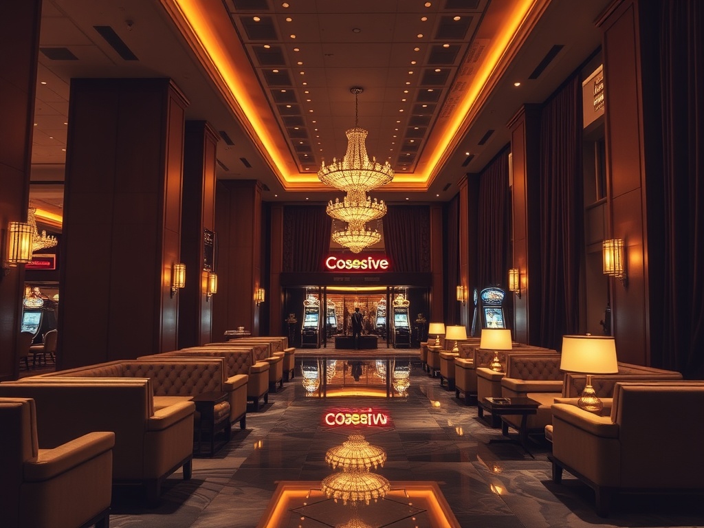 "Luxury casino-hotel lobby at night, warm golden lighting, elegant sofas, distant gaming lights, velvet curtains, concierge glow, inviting entrance, serene atmosphere, no people."