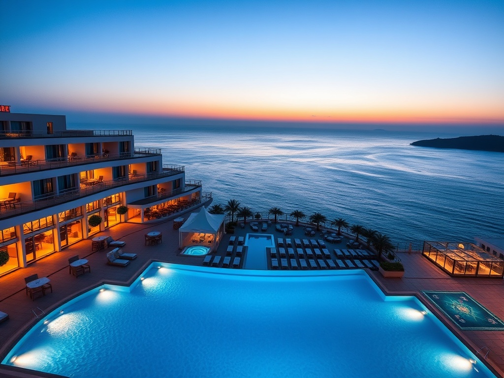"Aegean luxury casino resort facade at sunset, infinity pool spills into blue sea, glass-walled suites, premium gaming lounge glow, mediterranean dining al fresco, spa terrace, island nightlife silhouettes."