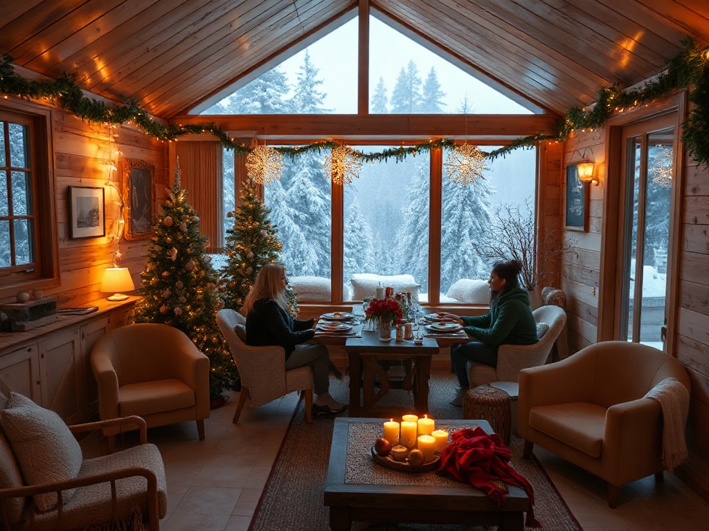 "Cozy winter wellness retreat interior" "soft holiday lights" "calm guests exercising" "healthy plated meals" "steam spa glow" "uplifting atmosphere"