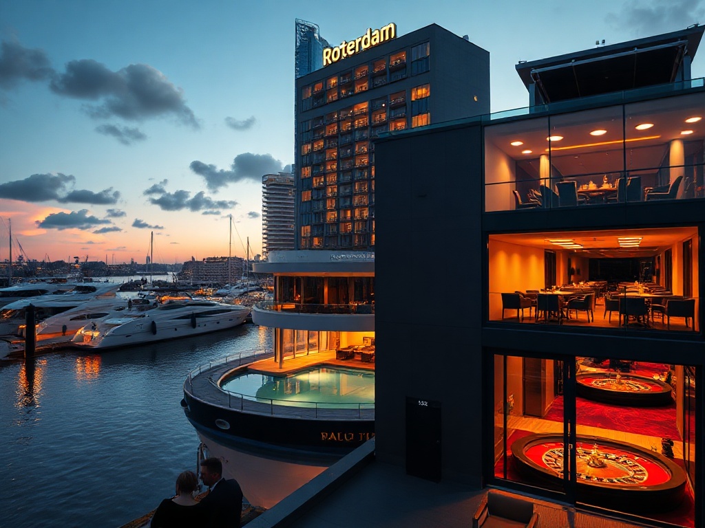 Rotterdam harbor at dusk, sleek modern hotel façade, glowing suite windows, rooftop heated pool reflections, elegant gaming salon doorway with roulette lights, couples silhouette, luxurious calm, no logos.