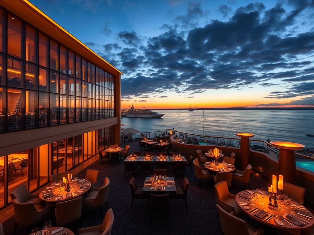 "luxury Australian coastal casino hotel at dusk, harbour-view glass suites, warm gold lighting, elegant gaming lounge ambiance, serene spa glow, fine dining tables, ocean horizon, cinematic lighting"