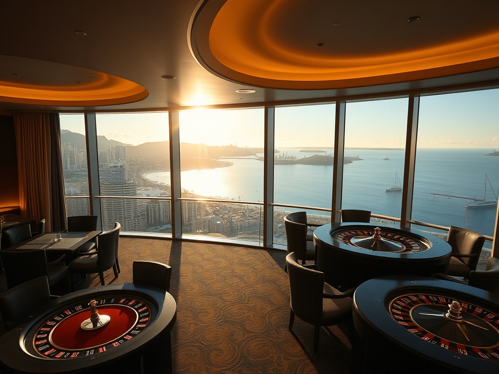 “sunlit harbor-view luxury suite overlooking Australian coastline,” “elegant casino gaming lounge with roulette tables,” “soft spa ambience,” “golden evening lighting,” “premium glamour.”