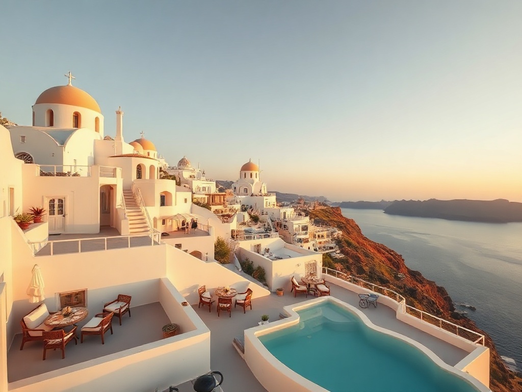 Sunlit Santorini cliff hotel; “whitewashed” suites with “private sea-view balconies”; sleek casino lounge glow; “spa steam” and sunset dining by the coast.
