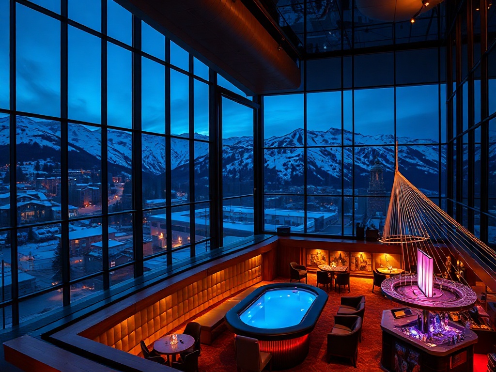 "luxury casino hotel at night with panoramic windows overlooking snow-capped Tatra peaks; vibrant glow inside casino; elegant lounge bar; rooftop pool reflections; inviting ambience"