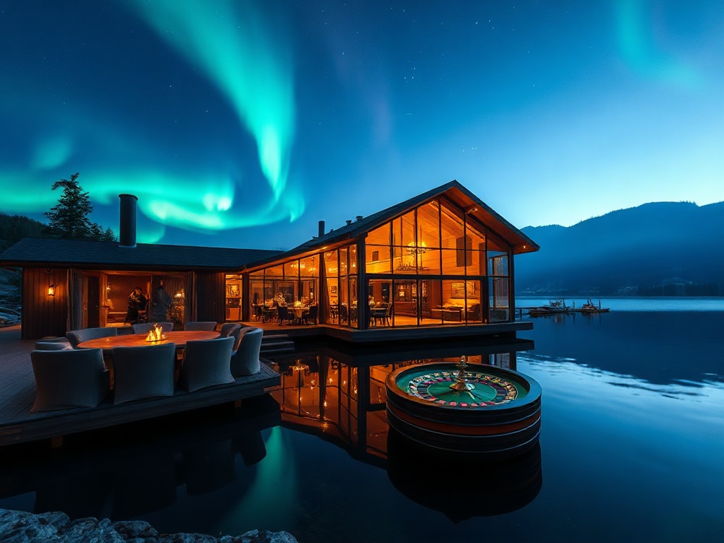 "Nighttime lakeside Nordic luxury casino hotel; panoramic glass suites with warm wood interiors; aurora glow reflected on water; elegant roulette lounge, dark velvet, soft lights; sauna spa steam; refined dining glow"