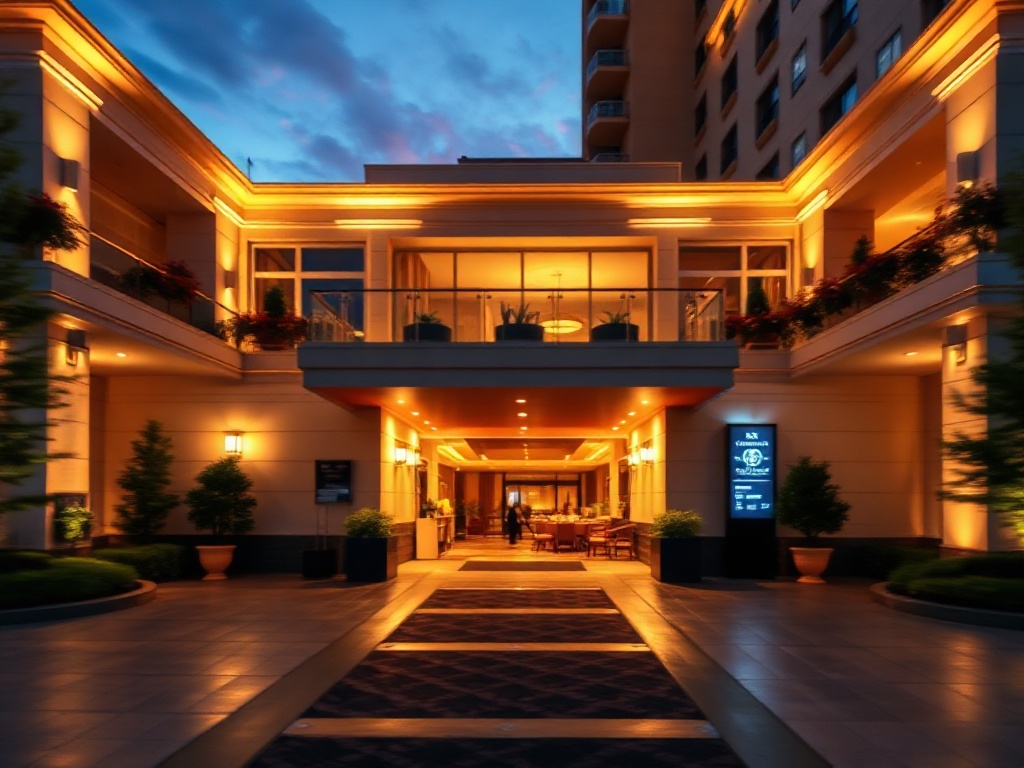 "Modern Canadian casino hotel entrance at dusk" "glowing welcome lights" "elegant valet path" "luxury room balcony silhouette" "spa steam glow" "fine-dining table" "subtle roulette-like motion bokeh" "inviting atmosphere"