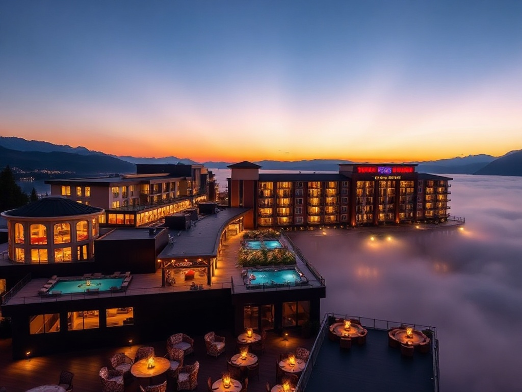 "Luxury Canadian casino hotel at dusk, panoramic lakefront with illuminated modern suites, elegant spa terrace mist, refined lounge lights, distant mountains, cinematic lighting."
