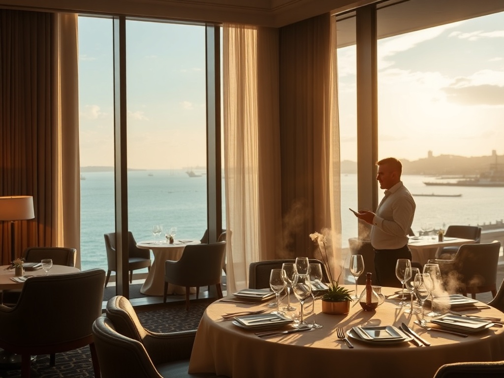 "Luxury Australian casino hotel testimonial mood scene, harbour-view suite window, soft ocean light, elegant lounge ambiance, spa steam glow, fine dining table, warm attentive staff, cinematic realism."