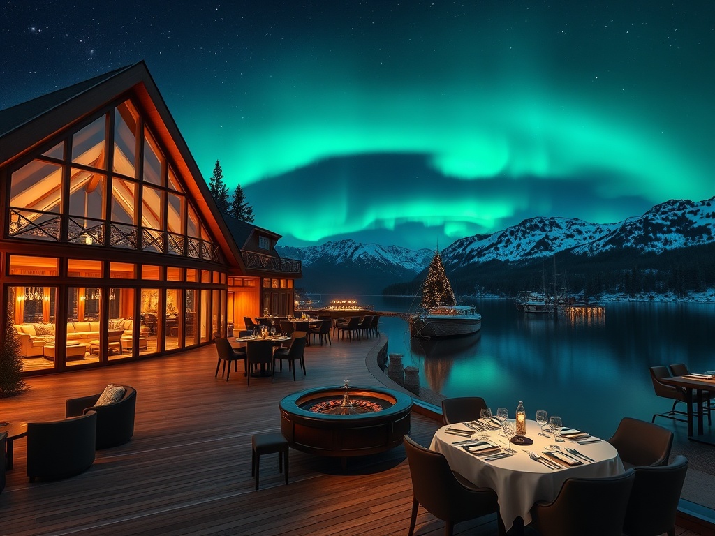"Lakeside luxury hotel at night, warm wooden Scandinavian suite with panoramic glass, aurora glow, elegant casino lounge with roulette tables, Nordic spa sauna steam, refined dining ambiance, no people."