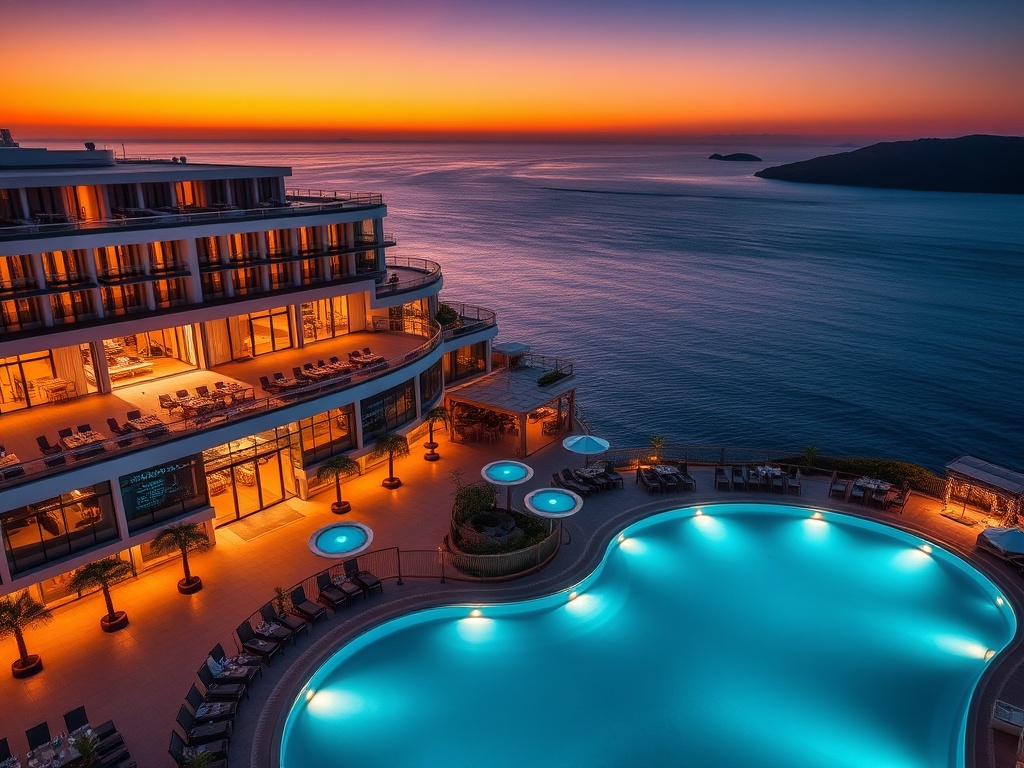 "Aegean luxury casino resort facade at sunset, infinity pool spills into blue sea, glass-walled suites, premium gaming lounge glow, mediterranean dining al fresco, spa terrace, island nightlife silhouettes."
