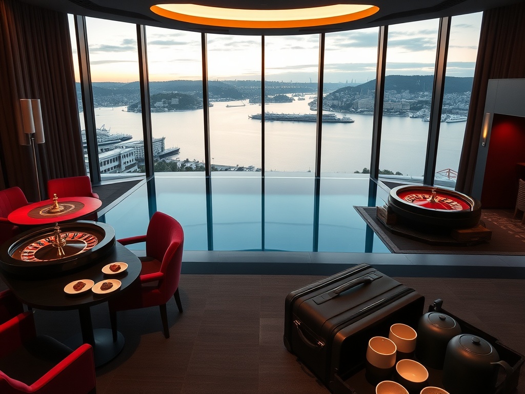 Sleek Scandinavian casino hotel interior, floor-to-ceiling windows over Oslo harbor, velvet gaming tables with soft roulette glow, gourmet dining plates, calm spa infinity pool, matcha travel case beside ceramic tea set.