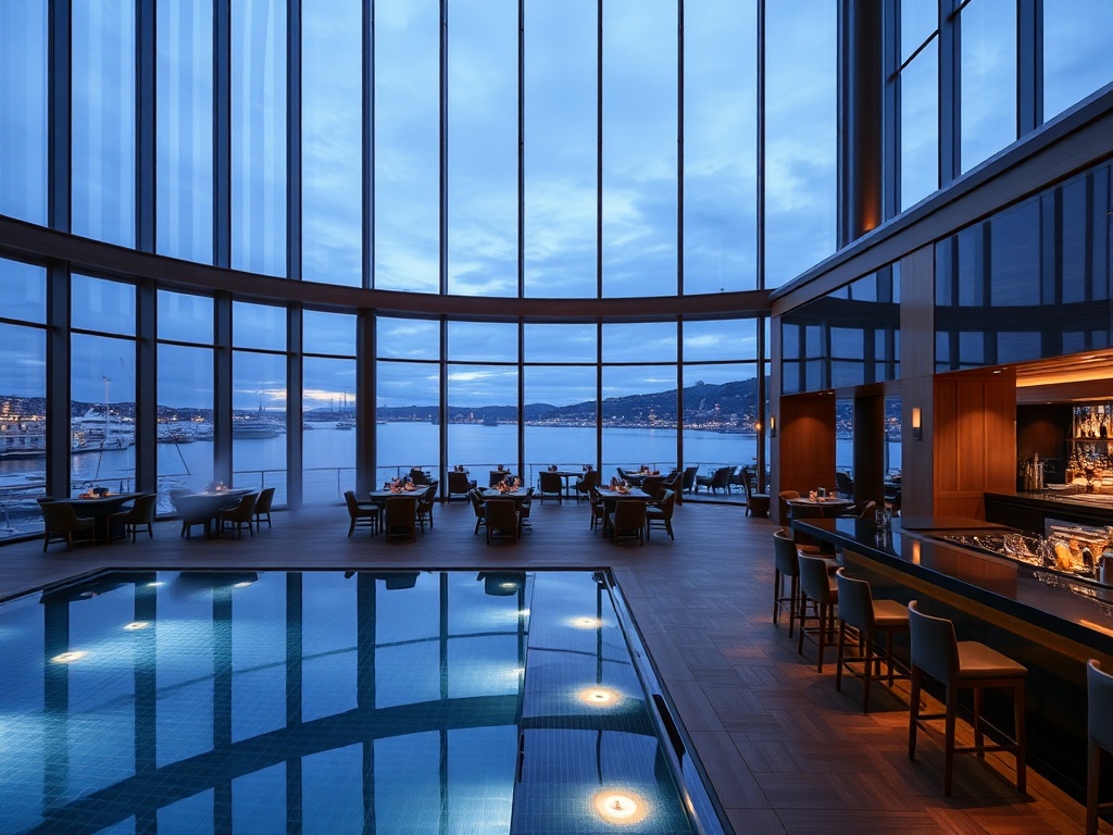"luxury Oslo harbor casino hotel interior" "panoramic floor-to-ceiling windows" "minimal Scandinavian wood and glass" "glowing gaming tables" "soft spa steam" "infinity pool reflection" "Nordic cocktail bar"