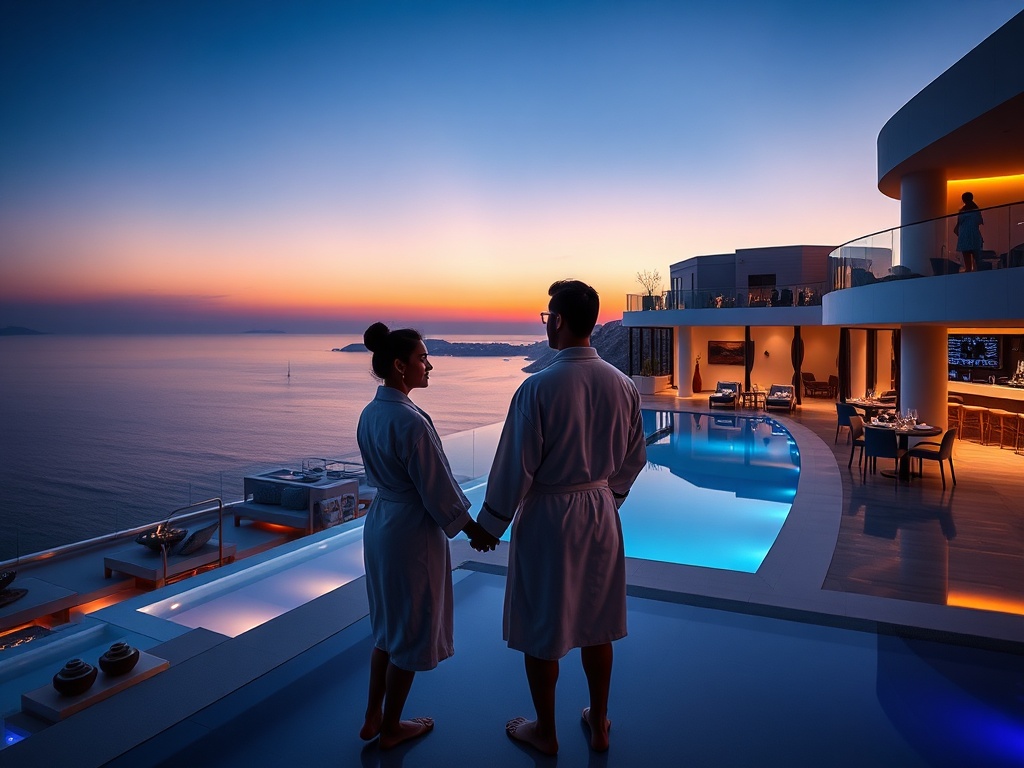 "Luxurious Aegean casino hotel at dusk, sweeping sea views through floor-to-ceiling windows, private infinity pool terraces, elegant gaming lounge silhouettes, couple in spa robes, olive oil spa, rooftop bar glow, Greek-Mrench dining silhouettes."