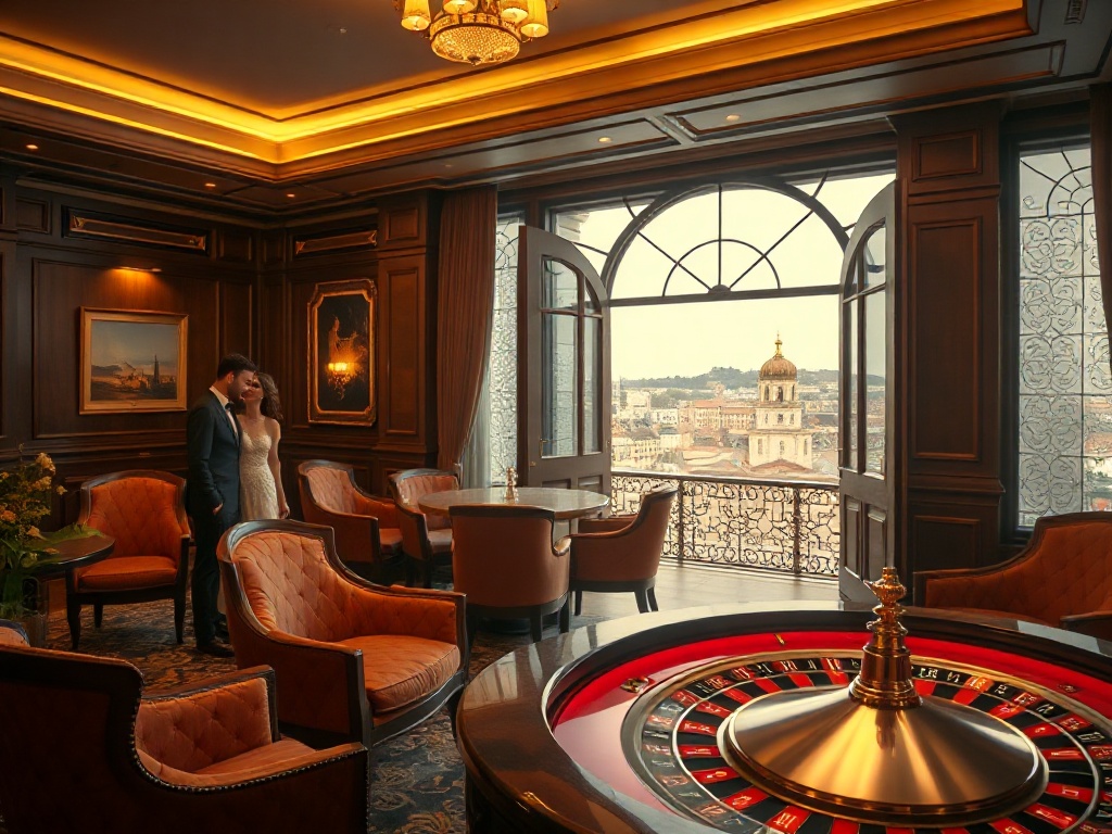 "Inside a grand Polish casino hotel lounge, warm golden lighting, velvet chairs, polished roulette wheel, elegant couples in evening attire, panoramic view of Krakow old town lights, luxurious spa doors." "No text, no logos, ultra-realistic, cinematic."