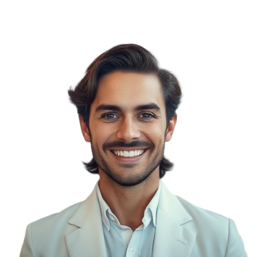 A person smiling to the camera with a white background looking like