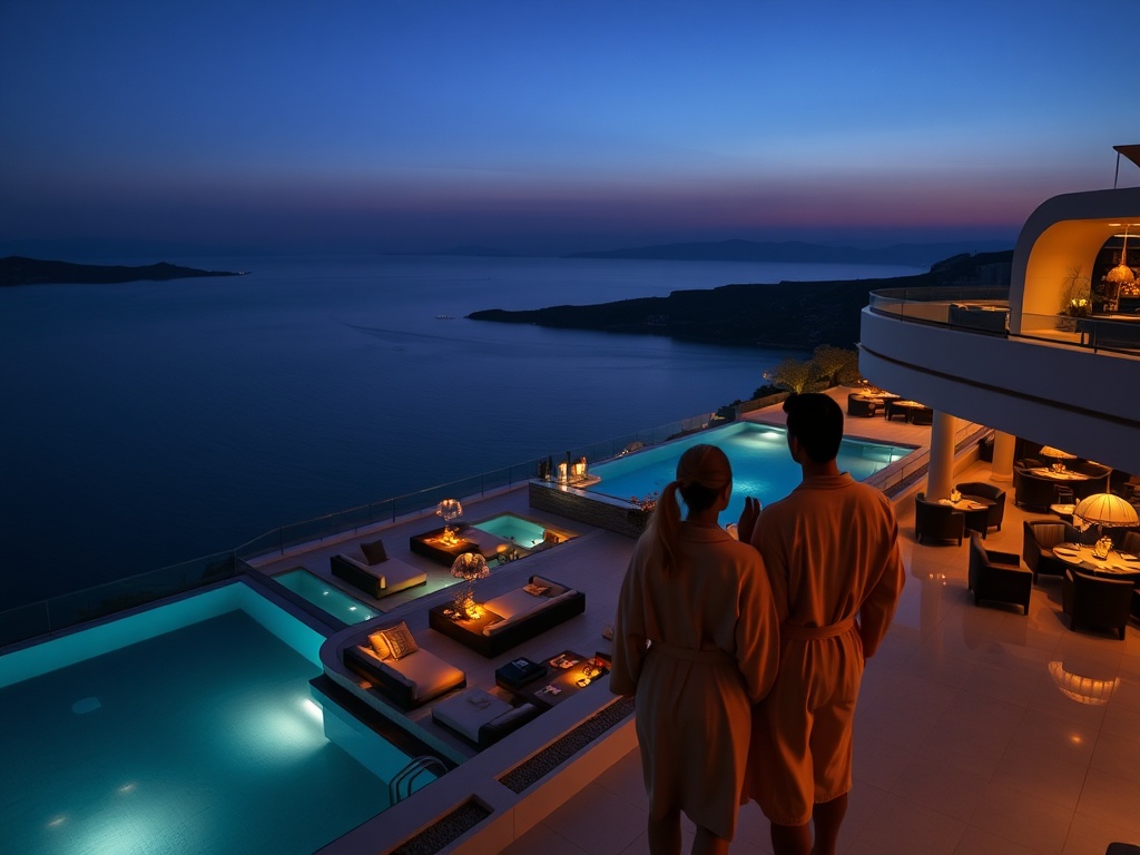 "Luxurious Aegean casino hotel at dusk, sweeping sea views through floor-to-ceiling windows, private infinity pool terraces, elegant gaming lounge silhouettes, couple in spa robes, olive oil spa, rooftop bar glow, Greek-Mrench dining silhouettes."