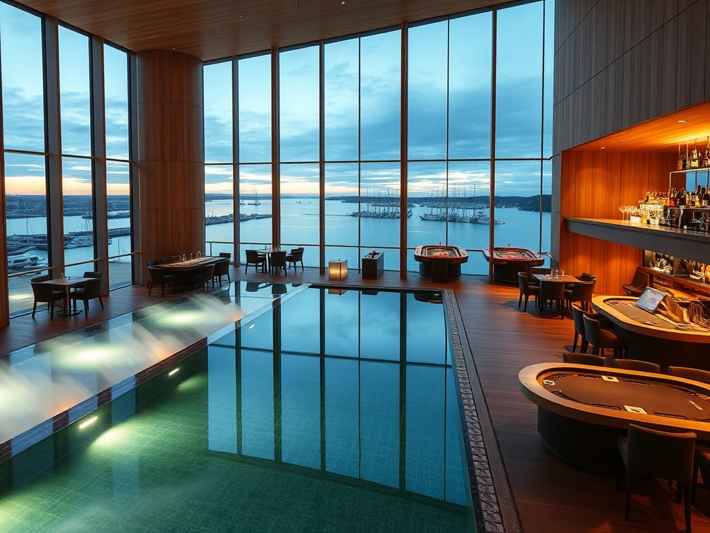 "luxury Oslo harbor casino hotel interior" "panoramic floor-to-ceiling windows" "minimal Scandinavian wood and glass" "glowing gaming tables" "soft spa steam" "infinity pool reflection" "Nordic cocktail bar"