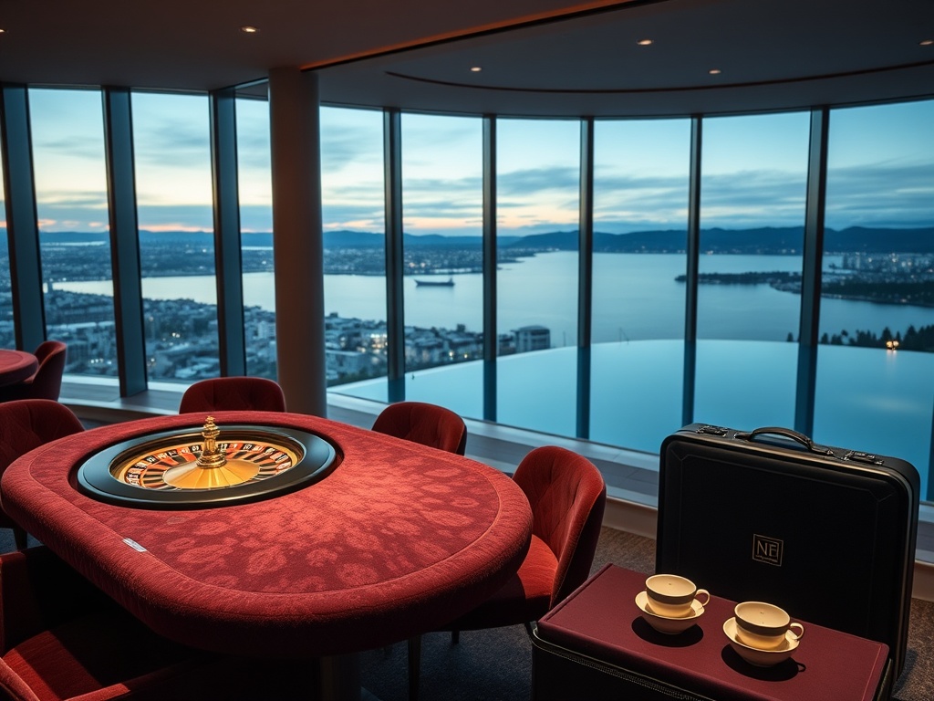 Sleek Scandinavian casino hotel interior, floor-to-ceiling windows over Oslo harbor, velvet gaming tables with soft roulette glow, gourmet dining plates, calm spa infinity pool, matcha travel case beside ceramic tea set.
