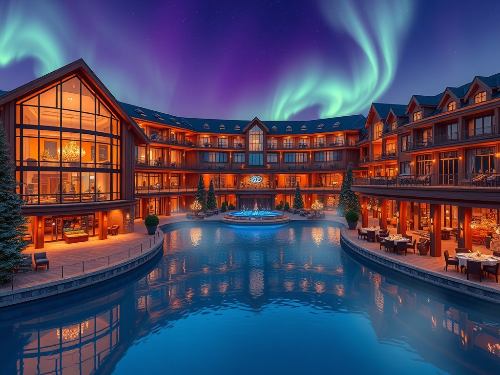"Lakeside luxury casino hotel at dusk, panoramic glass suites with warm wood interiors, aurora glow overhead, elegant gaming lounge lights, serene sauna steam, fine dining ambiance."