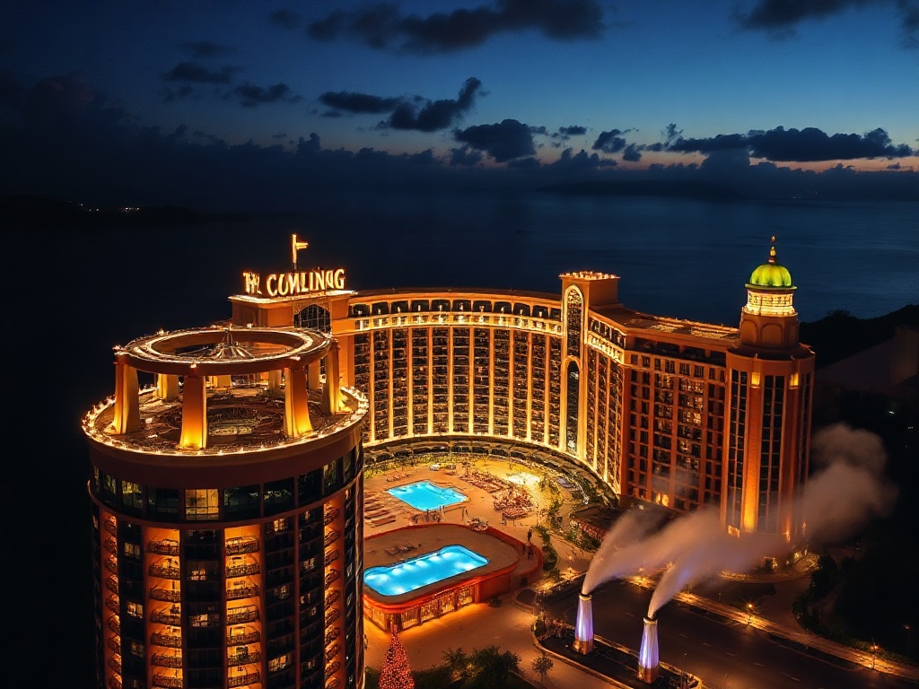 Oceanfront luxury casino hotel at night, rooftop dining lights, sleek suites with harbor view, elegant gaming lounge glow, serene spa steam, silhouettes.