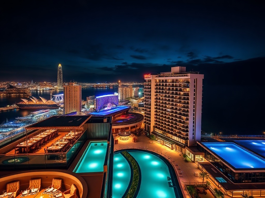“luxury ocean-view casino hotel at night, rooftop dining lights, sleek modern suites with harbor skyline, elegant spa glow, vibrant entertainment atmosphere, Australia coast”